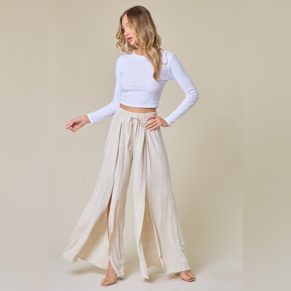 Pants - NWT! LINEN PALAZZO PANTS WITH FRONT SLITS -NATURAL